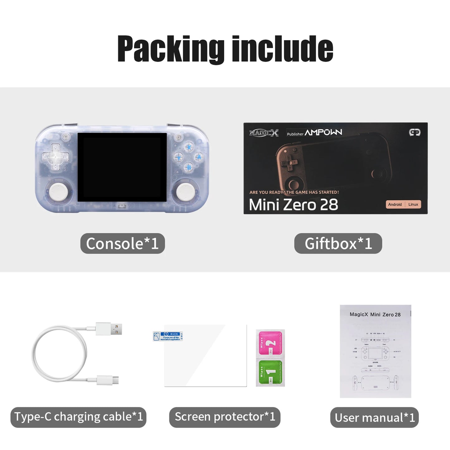 Ampown Mini Zero 28 Retro Handheld Game Console 2.8 Inch IPS Android WiFi