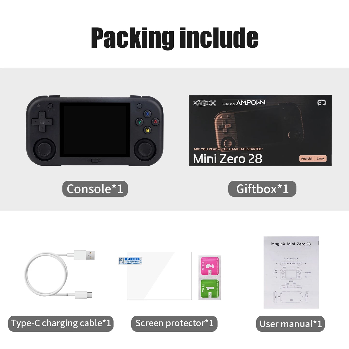 Ampown Mini Zero 28 Retro Handheld Game Console 2.8 Inch IPS Android WiFi
